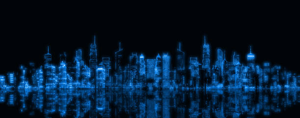 istock Abstract digital urban architecture: cityscape with glowing neon light and reflection. A modern hi-tech skyscraper scene. Sci-fi and futuristic technology background. 1539323171