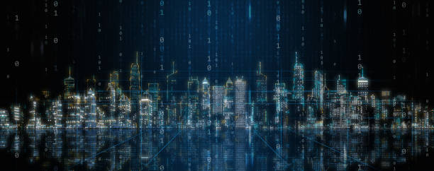 istock Abstract digital urban architecture: cityscape with glowing neon light and reflection. A modern hi-tech skyscraper scene with binary code. Sci-fi and futuristic technology background. 1539323369