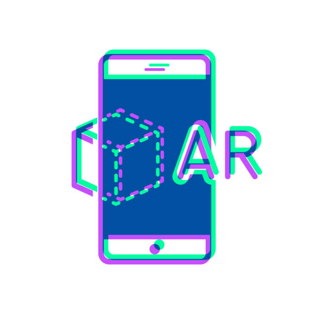 AR Augmented reality with smartphone. Icon with two color overlay on white background Icon of "AR Augmented reality with smartphone" in trendy colorful style on blank background. Purple and green are overlapped to create a modern visual effect, looking like anaglyph images. The combination of purple and green in this illustration creates a predominantly dark blue icon. Vector Illustration (EPS file, well layered and grouped). Easy to edit, manipulate, resize or colorize. Vector and Jpeg file of different sizes. 360-camera-white-background stock illustrations