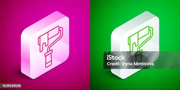 istock Isometric line Paint roller brush icon isolated on pink and green background. Silver square button. Vector 1539339518
