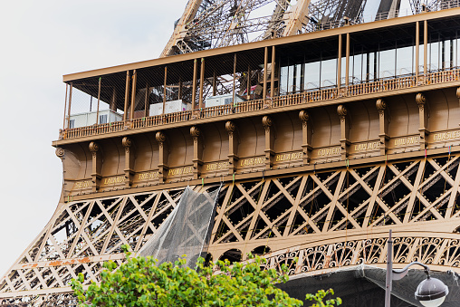 Europe, France, Paris, 2019-06, Eiffel Tower monument viewd from the Trocadero gardins. People bathing in the fountains in an effort to cool down during the heatwave.