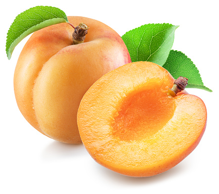 Ripe apricot with green leaf and apricot half on white background. File contains clipping path.