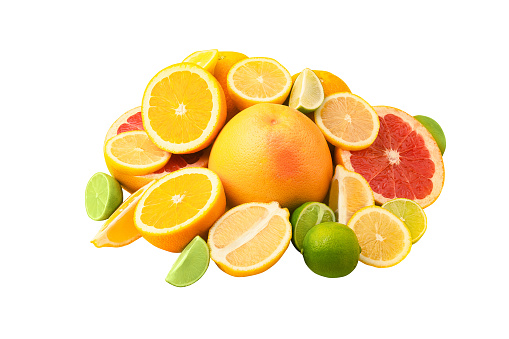 Citrus fruits (orange, lemon, grapefruit, lime) isolated on white background. Summer concept. Set of tropical fruits