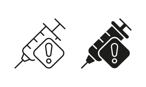 linia ostrzegawcza szczepionki i zestaw ikon sylwetki. strzykawka do szczepienia ze znakiem ostrzegawczym. środki ostrożności dotyczące zbierania symboli narkotyków, narkotyków, strzykawek. izolowana ilustracja wektorowa - syringe silhouette computer icon icon set stock illustrations