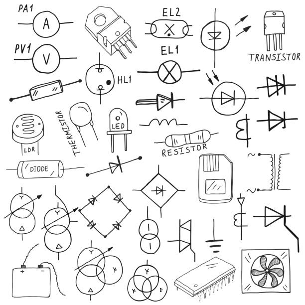 illustrations, cliparts, dessins animés et icônes de ensemble de détails de circuits microélectroniques. illustration vectorielle noir et blanc - thermistor