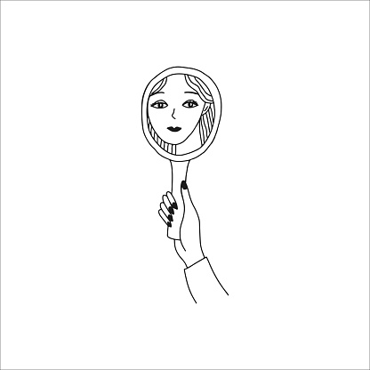 The hand is holding a mirror. Reflection of the girl's face. Doodle. Vector isolated illustration.