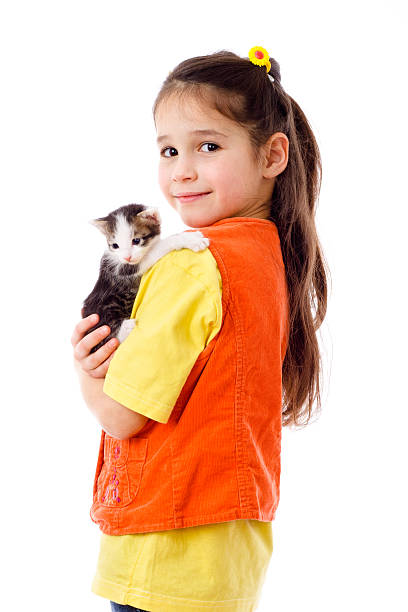 istock Little girl with kitty in hands 153941068