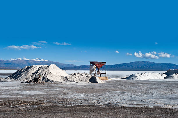 Northwest Argentina - Salinas Grandes Desert Landscape Tonnes of salt waiting to be bagged. Salinas Grandes on Argentina Andes is a salt desert in the Jujuy Province. lakebed stock pictures, royalty-free photos & images