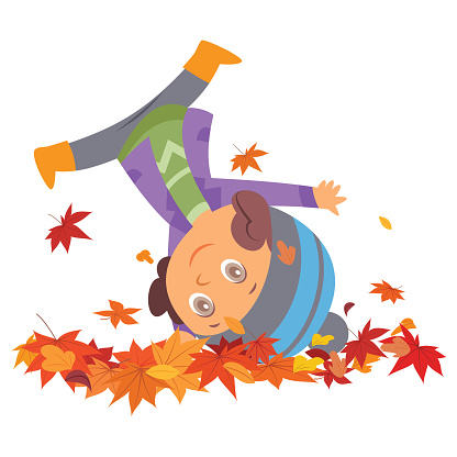 Vector illustration Autumn, the season of fun. an adorable little girl doing cartwheels an autumn day outdoors.