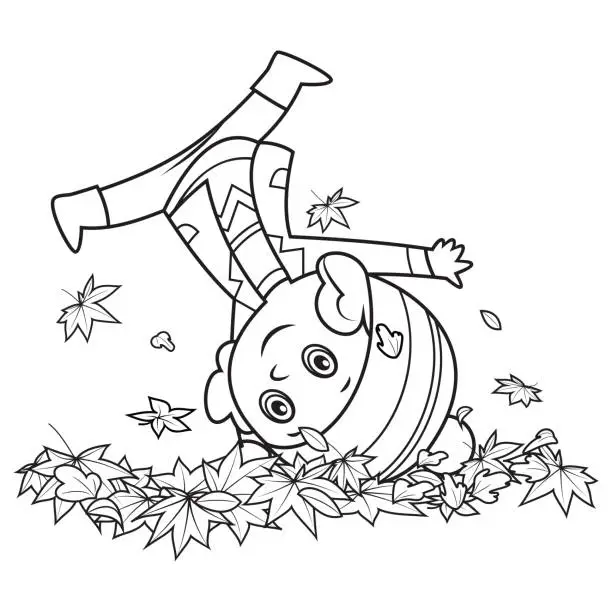 Vector illustration of Autumn, the season of fun. an adorable little girl doing cartwheels an autumn day outdoors.