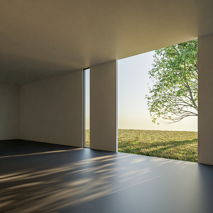 Modern contemporary loft empty room with open door to garden 3d render The Rooms have concrete tile floors