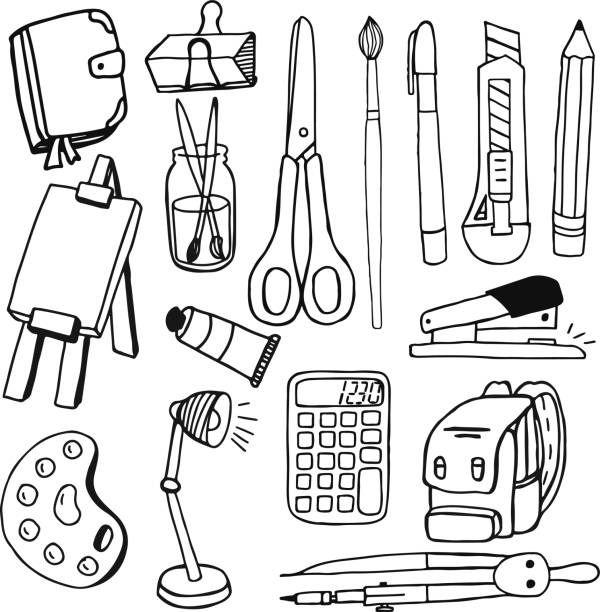 ilustraciones, imágenes clip art, dibujos animados e iconos de stock de juego de papelería escolar y de oficina. garabato, lápiz, cuaderno y mochila. iconos planos vectoriales de útiles educativos, tijeras, calculadora, pinceles y pinturas - education childhood school drawing compass