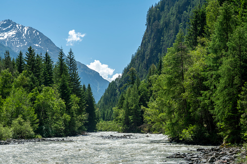 Ötztaler Ache river in Ötztal in TIrol in the Austrian Alps during a beautiful springtime day. The white water river is carrying meltwater from high up in the mountains through the valley below.