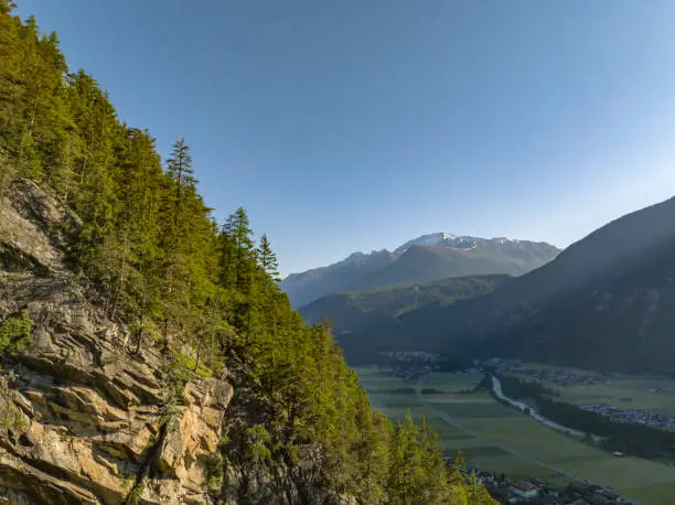 Ötztal valley seen from above during an early sprintime morning in the Austrian Alps in Tirol