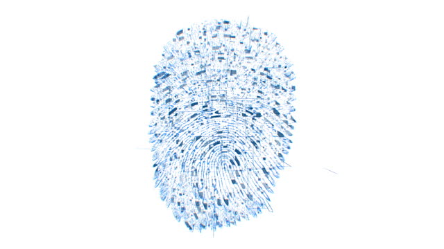 Fingerprint Scanning Process Illustration. Beautiful Futuristic Flight Through Digital Code Numbers, White Abstract Cyberspace. Modern Biometric Identification Technology Process 3d Animation