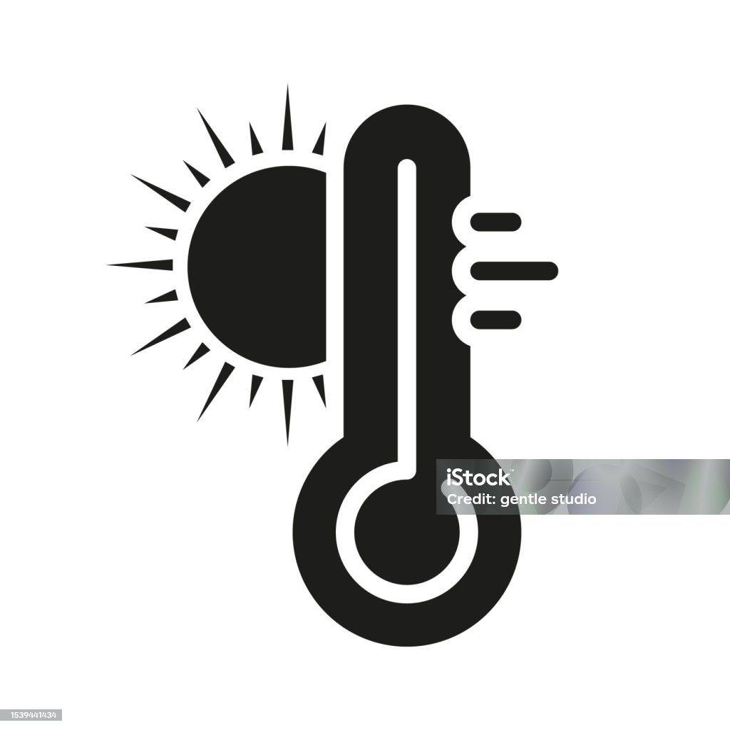 태양 실루엣 아이콘이 있는 온도계 뜨거운 온도 글리프 픽토그램 맑은 날 기호를 더합니다 기후 변화 따뜻한 날씨 지구 온난화 단색 ...