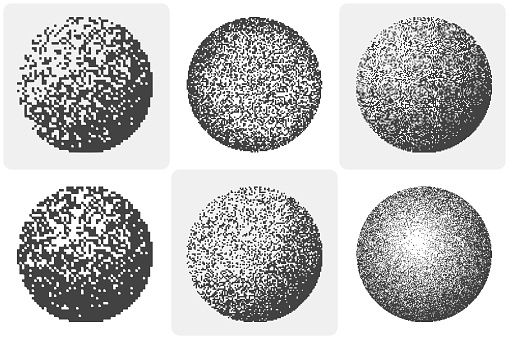 3D spheres with grainy texture. Abstract vector shapes with dotted halftone gradient. Variants with different pixel sizes. Round textures for emitting a volumetric shape. Template for vintage design.