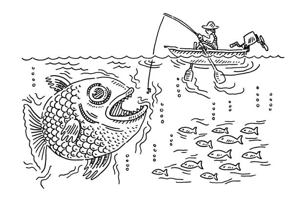 ilustrações, clipart, desenhos animados e ícones de barco do pescador desenho do peixe grande - black and white people imagination underwater