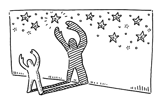 Hand-drawn vector drawing of a Figure Shadow Reaching The Stars Concept. Black-and-White sketch on a transparent background (.eps-file). Included files are EPS (v10) and Hi-Res JPG.