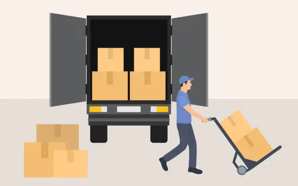 Vector illustration of Rear View Of Delivery Truck With Cardboard Boxes. Moving To New House. Mover Pushing Hand Truck With Cardboard Boxes