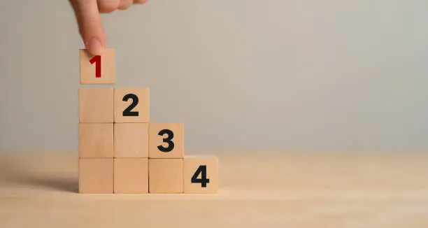 Photo of Task priority and management concept. The order of priority in any activity. Set work priority, arrange to do list. Wooden cube blocks with number first, second, third and fourth.