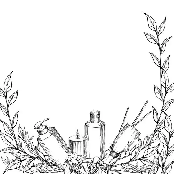 Vector illustration of Hand drawn vector ink spa skincare bath beauty products package with flowers and leaves. Frame border. Isolated on white background. Design for wellness resort, print, fabric, cover, card, booklet.