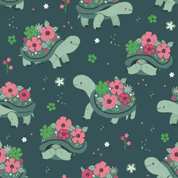 Vector illustration of Seamless pattern with blooming turtles on a green background. Vector graphics.