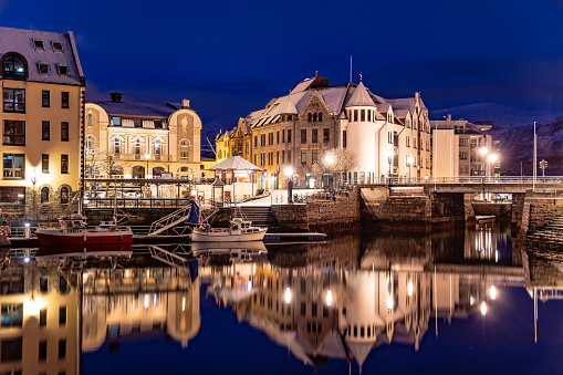 Old town city lights Alesund Scandinavia Norway Northern Europe