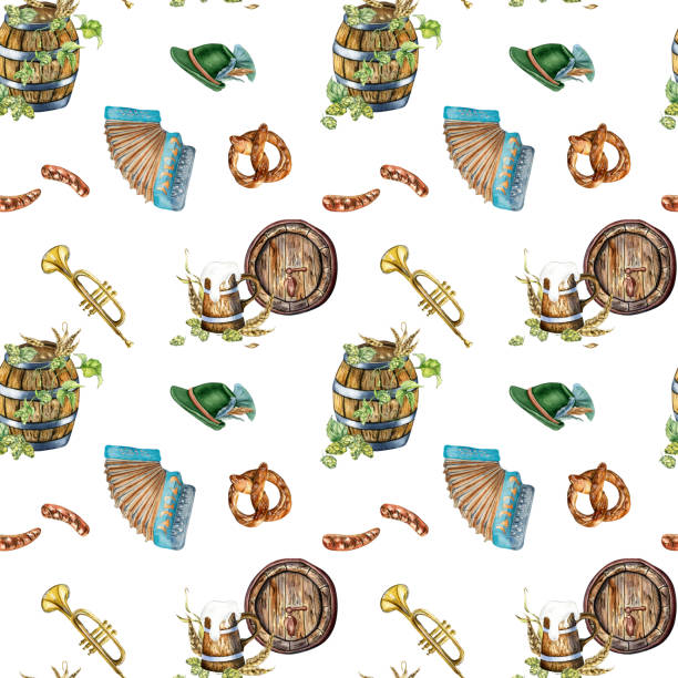Wooden barrel, pint of beer, german hat, accordion, hop vine watercolor seamless pattern isolated on white. Pretzel, wheat ear hand drawn. Design for beer festival, brewing, wrapping, background Wooden barrel, pint of beer, german hat, accordion, hop vine watercolor seamless pattern isolated on white. Pretzel, wheat ear hand drawn. Design for beer festival, brewing, wrapping, background. water colour beer hops stock illustrations