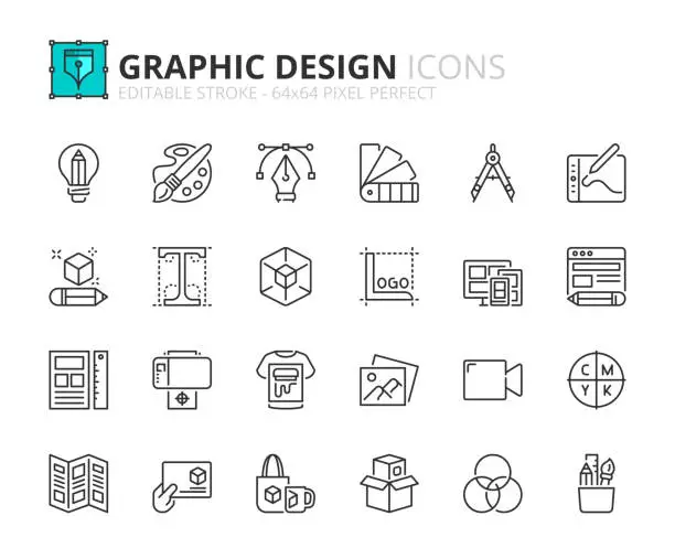 Vector illustration of Simple set of outline icons about graphic design