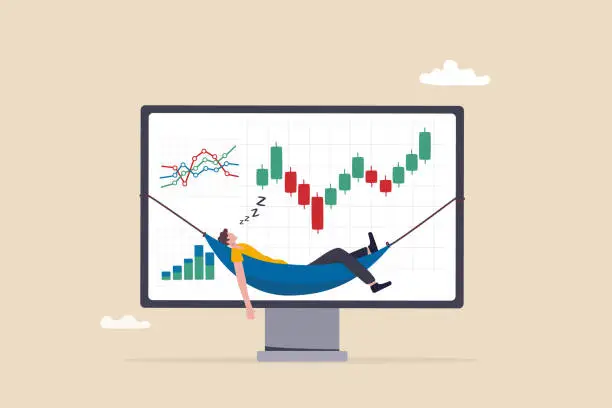 Vector illustration of Passive investment, make money or earning with no activity, financial freedom or independence, relax rich businessman or wealth management concept, success investor sleep on financial graph computer.