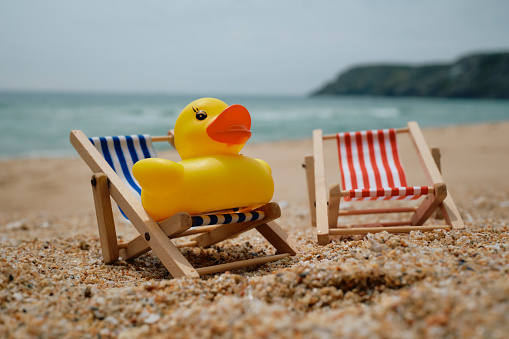 Beach holiday concept, rubber duck on a deckchair  at Pedn Vounder Beach, Cornwall.