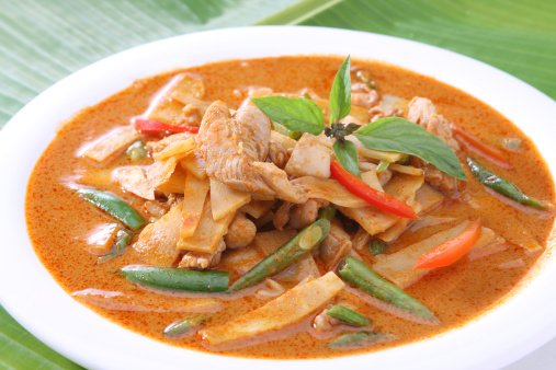 Thai Food Red Curry Chicken with Bamboo Shoots and Green Beans.