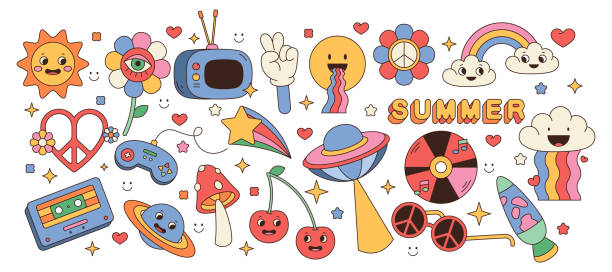 istock Set of vector retro icons. Hippie sticker, sign 1539542875
