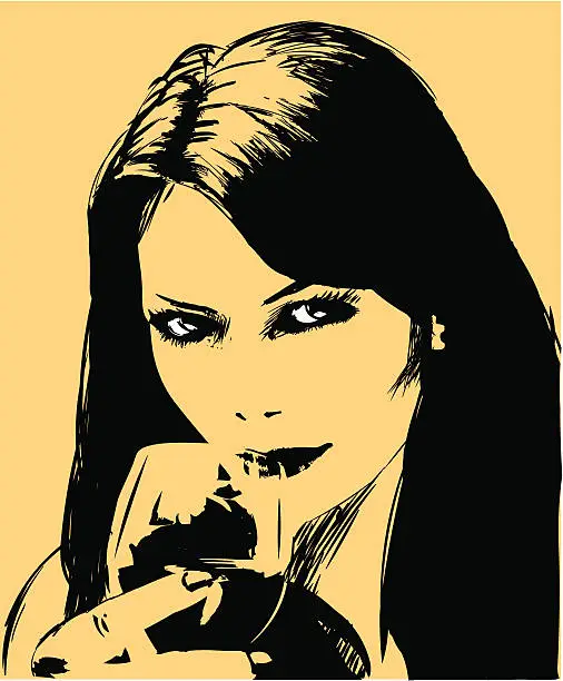 Vector illustration of Beautiful girl drinking red wine-drawing
