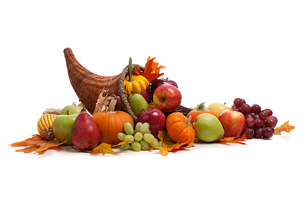 Large group of fruit and a fall cornucopia stock photo