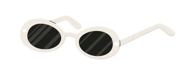 Vector illustration of Iconic style sunglasses with a white egg-shaped oval frame and dark lenses. Modern accessory for summer. Eye protection from ultraviolet radiation. Vector illustration isolated on white background.