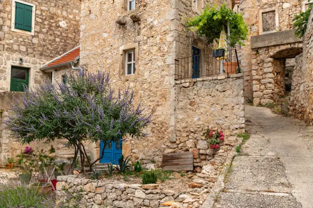 Stone houses of the village Velo Grablje on Island Hvar in Croatia, founded in the 14th century. Medieval town in Croatia.