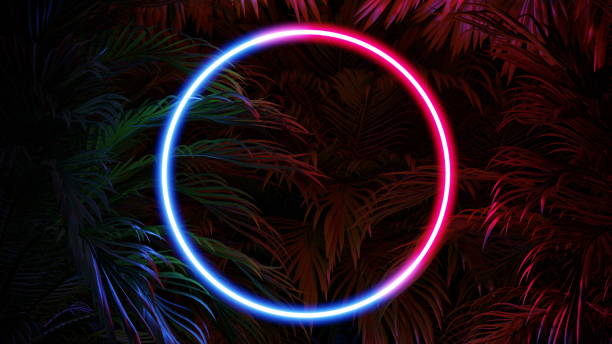 istock Tropical foliage at night in the jungle, neon glow, circle ring leaves. 3d render 1539588763