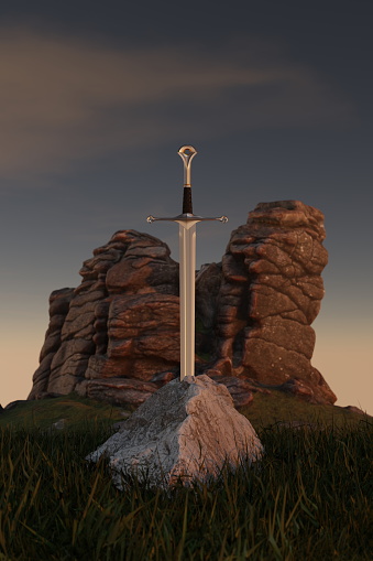 Sword excalibur in stone in mountains. Medieval sword king Arthur driven into rock, fairy tale. 3d render