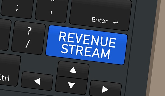 Revenue stream special button. Laptop keyboard conceptual illustration. Business revenue.