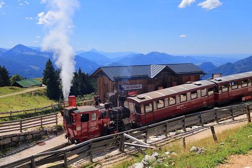 People ride the Schafbergbahn steam train to the top of mount Schafberg in Salzkammergut region of Austria. It is a metre gauge cog railway.