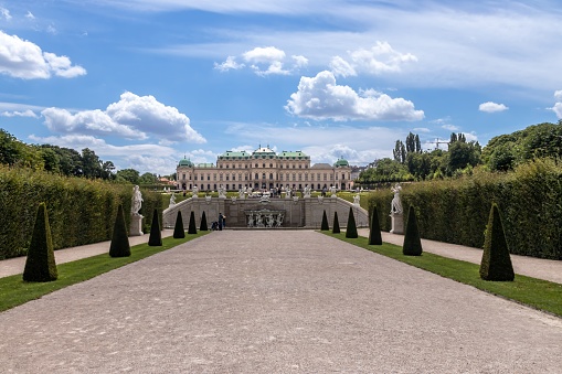 Vienna, Austria - July 6, 2016: The Belvedere is a historic building complex in Vienna, Austria, consisting of two Baroque palaces, the Orangery, and the Palace Stables. The buildings are set in a Baroque park landscape in the third district of the city, on the south-eastern edge of its centre. It houses the Belvedere museum.