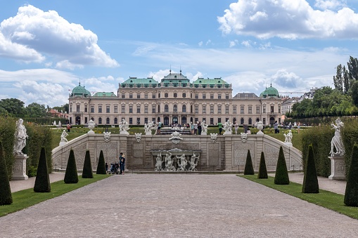 Vienna, Austria - July 6, 2016: The Belvedere is a historic building complex in Vienna, Austria, consisting of two Baroque palaces, the Orangery, and the Palace Stables. The buildings are set in a Baroque park landscape in the third district of the city, on the south-eastern edge of its centre. It houses the Belvedere museum.