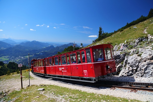 People ride the Schafbergbahn to the top of mount Schafberg in Salzkammergut region of Austria. It is a metre gauge cog railway.