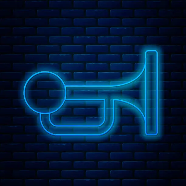 Vector illustration of Glowing neon line Signal horn on vehicle icon isolated on brick wall background. Vector