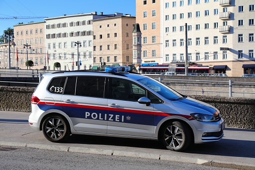 Austrian Police VW car parked in Salzburg, Austria.