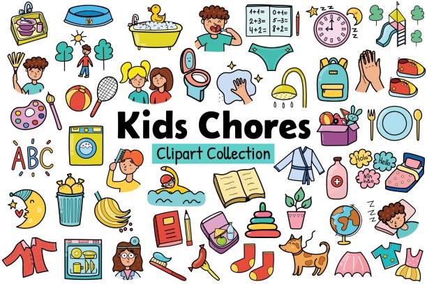 Kids chores clipart collection. Daily routine icons set Kids chores clipart collection. Daily routine icons set. Tasks stickers for creating reward chart. Vector illustration task stock illustrations