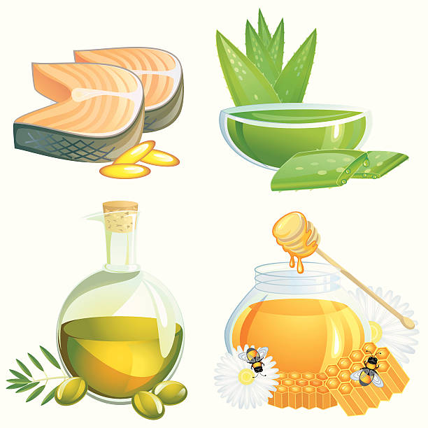 gesunde speisen und zusatzpräparate - fish oil cooking oil capsule herbal medicine stock-grafiken, -clipart, -cartoons und -symbole