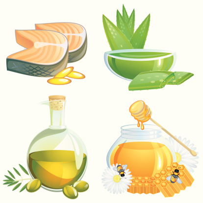 Vector illustration of four healthy food supplements - cod liver oil, aloe juice, olive oil and honey. Objects are grouped and in separate layers.